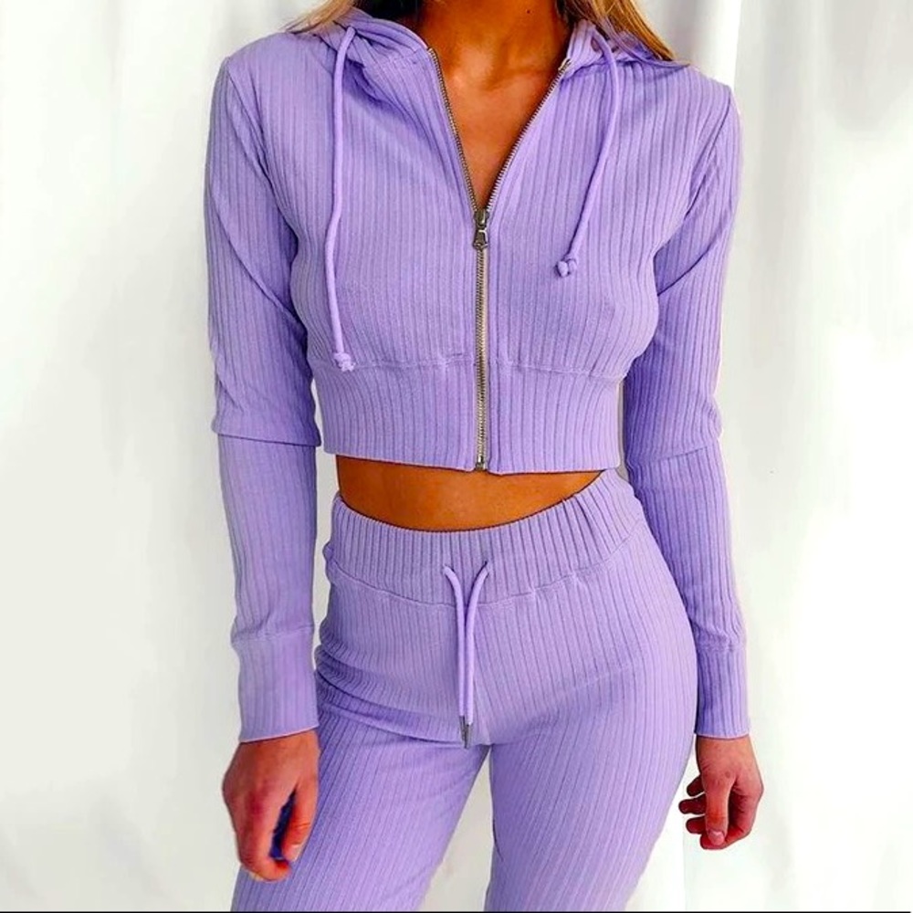 Casual Solid Color Zipper Up Two Piece Pants Set